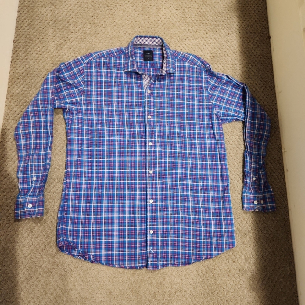 TAILORBYRD Navy Multi Gingham Cotton Stretch Long Sleeve Shirt